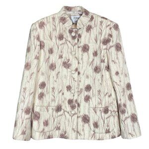 Vtg William Pearson Tweed Knit Floral Buttoned Blazer Jacket Cream Ivory Size 8